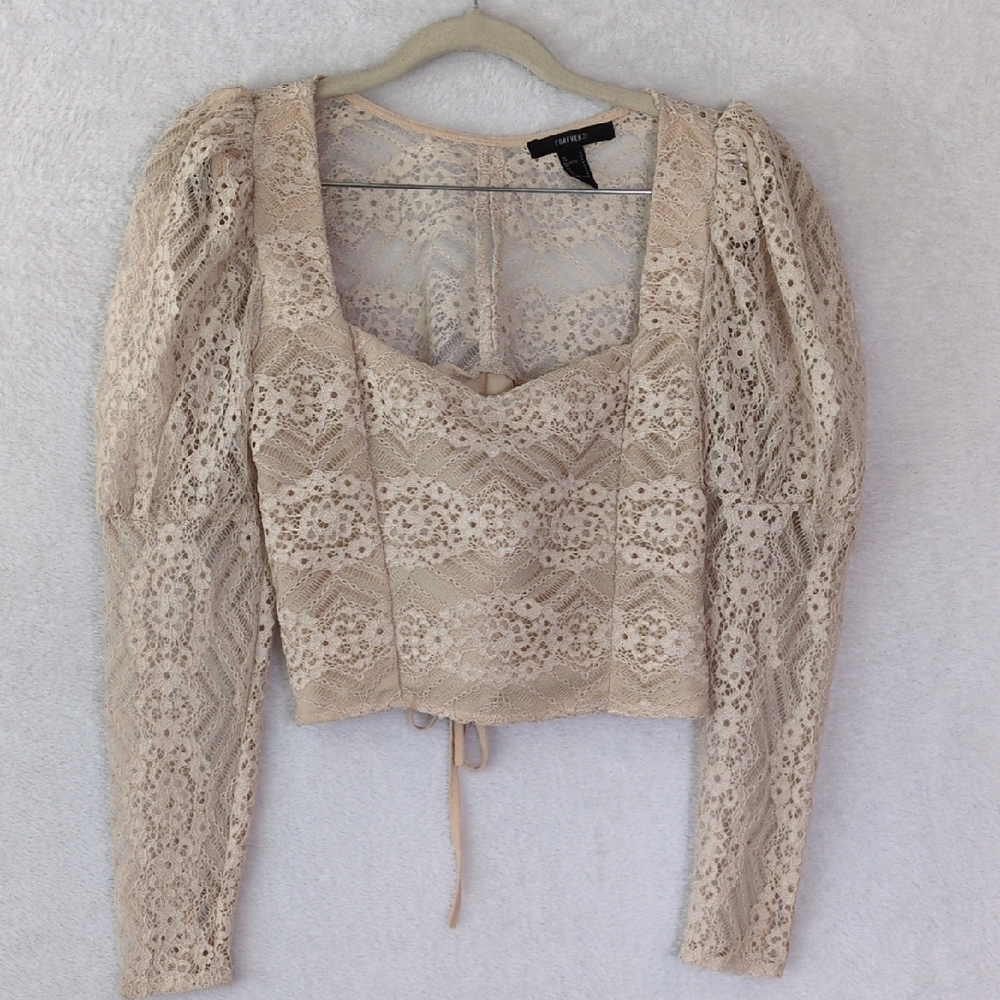 Forever 21 Junior's Beige Lace Lace Up Cropped Shirt Size S